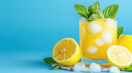Refreshing lemonade drink with ice and mint, summer beverage, blue background, food photography for recipe