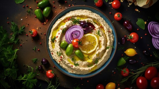 "Fresh Hummus Dish with Various Toppings"