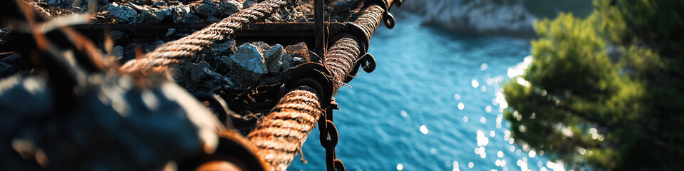 Rusted Rope and Metal Structure Over Water