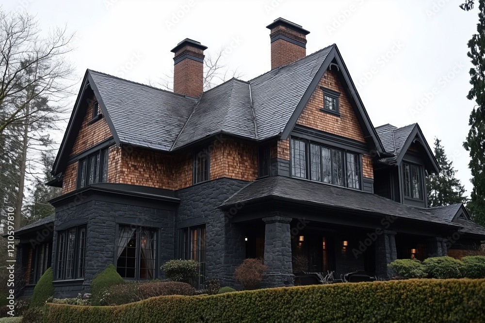 Poster a large, elegant shingle style house featuring a combination of dark stone and wooden shingles. the 