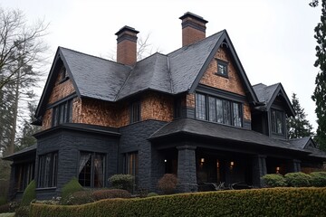 A large, elegant Shingle style house featuring a combination of dark stone and wooden shingles. The architecture is intricate with multiple gables and chimneys, surrounded by well-maintained greenery.