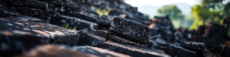 Carved Stone Block Among Stone Ruins