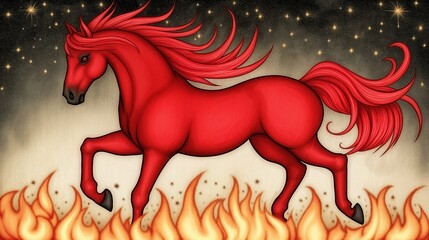 Red Horse with Flames and Starry Sky Background