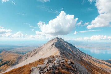 Majestic mountain peak bathed in sunlight under a vast blue sky with fluffy clouds and tranquil lake below at sunset. Generative AI