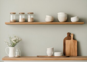 Minimalist Indian Kitchen Open Wooden Shelves with Neutral Dishware and Plants - Modern Sustainable Design for Real Estate and Home Styling