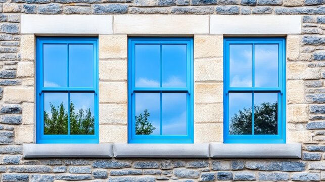 Blue Windows in Stone Wall - Three bright blue sash windows are set into a light stone wall.  The windows reflect the sky and trees.