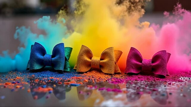 Three colorful bows are on a table with a pile of colorful powder. The bows are in different colors and are placed in a row