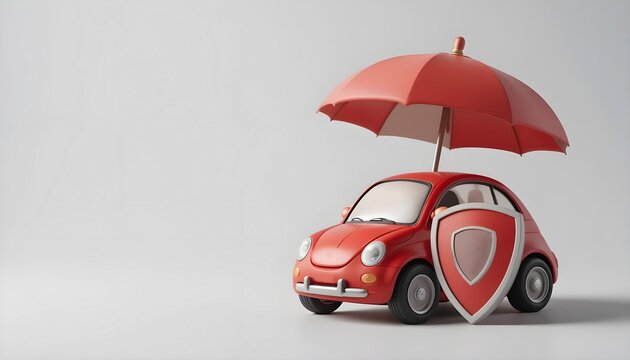 Concept of car insurance with a red car, umbrella, and shield , 3d cartoon style