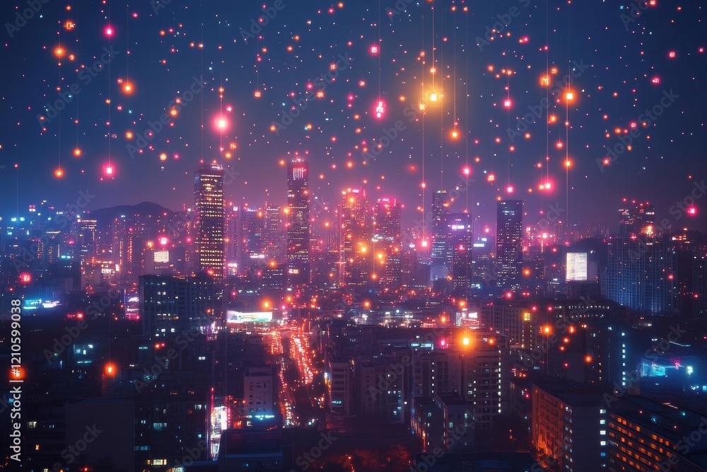 Poster futuristic skyline display illuminated urban landscape with digital lottery screens and abstract sha