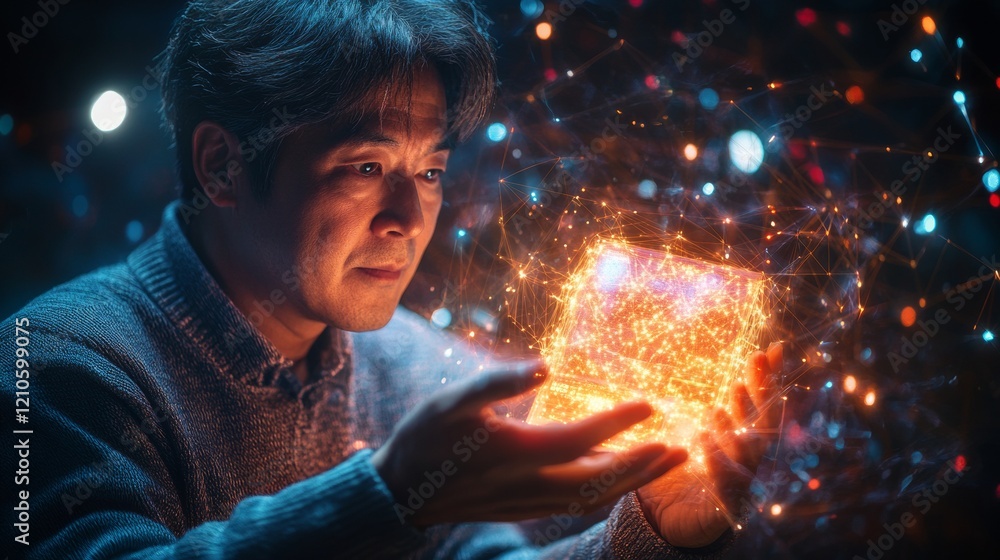 Aufkleber digital fortune display south korean man with glowing lottery ticket and geometric patterns - modern
