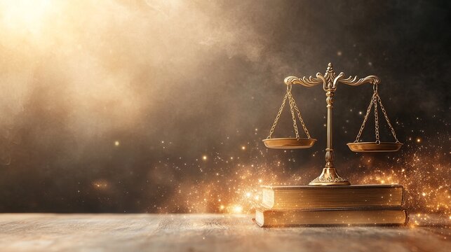 Golden scales of justice atop books with ethereal lighting in the background.