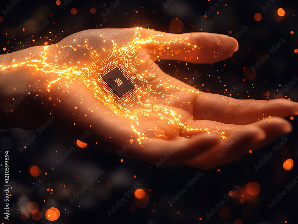 Poster a captivating image depicting a microchip resting on an open palm, illuminated by glowing, circuitli