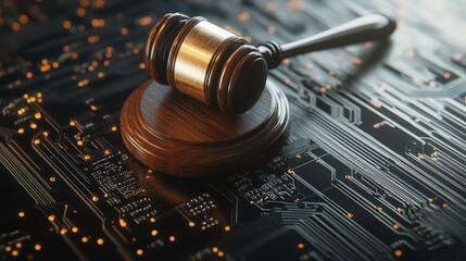 Wooden gavel on circuit board; concept of cyber law, digital justice, online crime.