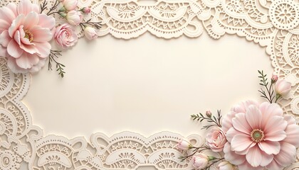 Delicate floral arrangement of blush pink flowers and roses with intricate lace patterns on an elegant beige background. For wedding invitations, romantic designs, or vintage-themed decorations