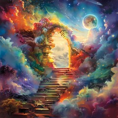 Celestial Stairway to the Cosmos: A vibrant, surreal artwork depicts a majestic stone archway leading to a stairway ascending into a breathtaking cosmic landscape, filled with colorful clouds, stars.