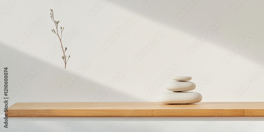 Poster zen minimalist desk setup bamboo shelf with stacked stones for mindful workspaces - tranquil office 