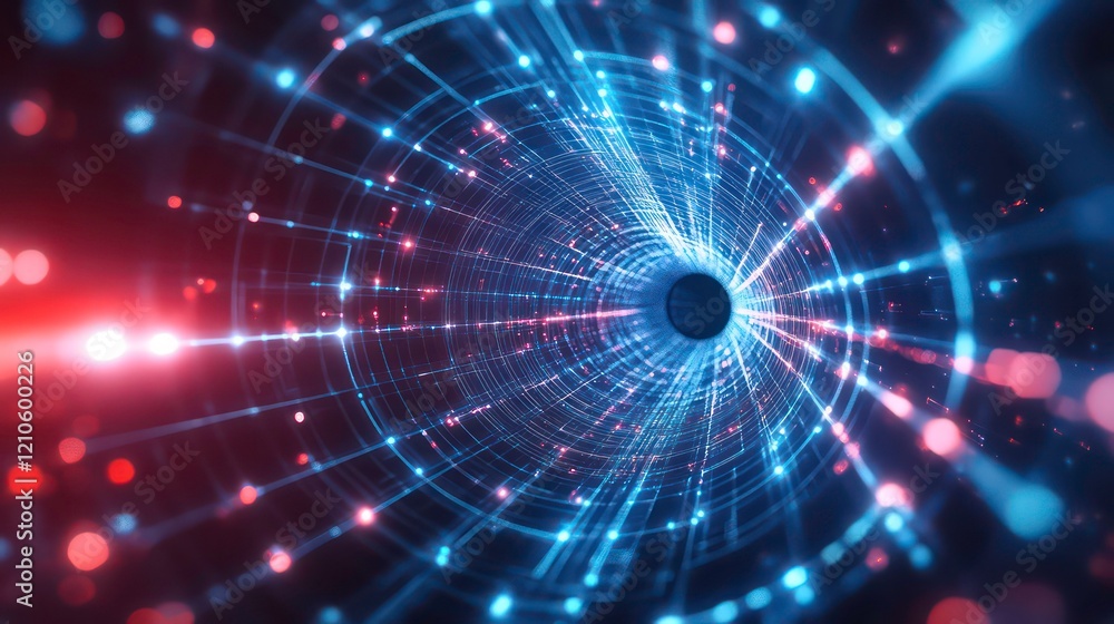 Poster abstract glowing tunnel with red and blue light trails and particles.