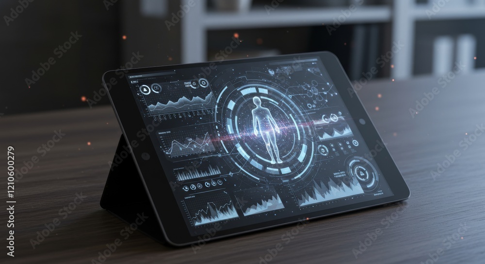 Poster nteractive tablet showing futuristic data dashboard focused on human health analytics and technology