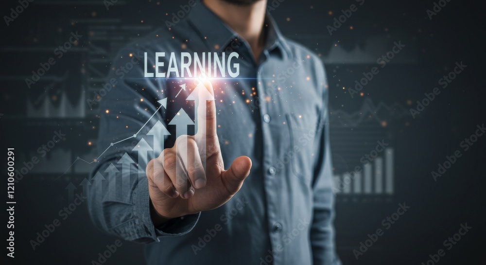 Poster businessman pointing at virtual skill growth arrow symbolizing learning and professional development