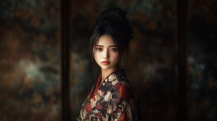 Fototapeta premium The striking model stands gracefully, adorned in exquisite traditional clothing, exuding elegance and charm. Soft lighting accentuates her beauty in an ornate indoor backdrop.