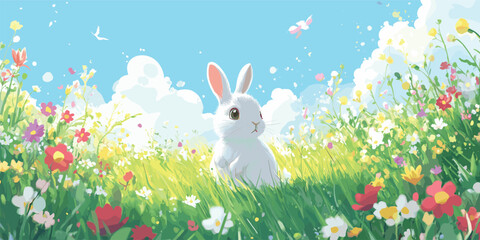 Fototapeta premium Vector Cute bunny in sunny flower meadow 
