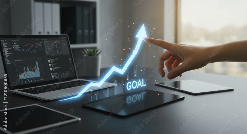 Poster goal achievement representation with futuristic virtual analytics in a professional workspace. moder