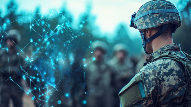 Military Officer Using Digital Interface with Maps and Data During Advanced Tactical Operation.