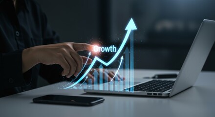 Strategic skill improvement with professional interacting with futuristic growth interface. Focus on personal development, career success, and productivity enhancement in modern corporate setting