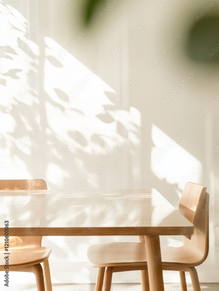 Poster scandinavian minimalist workspace sunlit wooden desk and chairs in open concept office - boosting pr