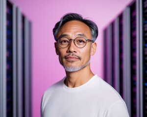 Advanced Cybersecurity Vision Middle-Aged South Asian Male IT Expert in Illuminated Server Room - Corporate Network Protection and Innovative Firewall Solutions