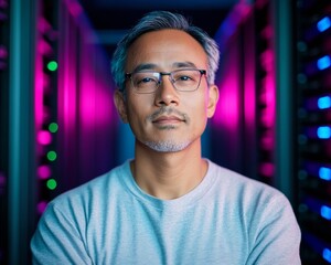 Futuristic Cybersecurity Design South Asian IT Professional with Holographic Firewall Overlay in Modern Server Room - Blue-Purple Aesthetic for Network Protection and Corporate Innovation