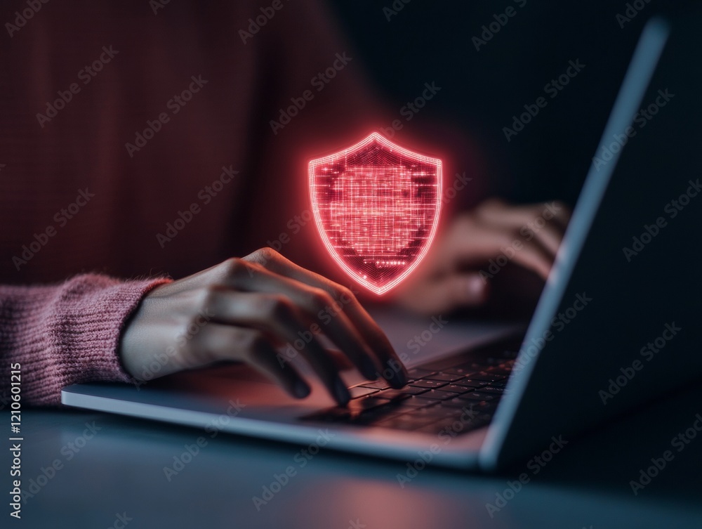 Aufkleber High-Tech Cybersecurity Interface Indian Womans Hands on Laptop with Holographic Shield - Digital Safety and Privacy Tools for Startups and Network Innovations
