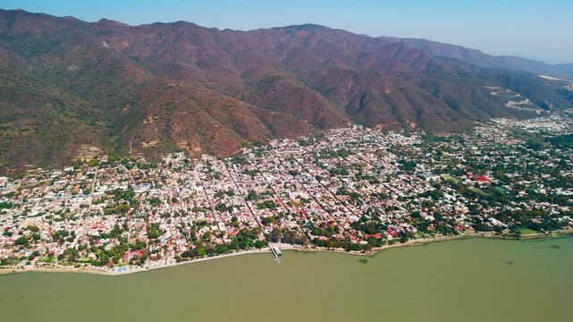 Aerial view of the magical town of Ajijic on the shores of Lake Chapala overlooking the mountains. Jalisco, Mexico