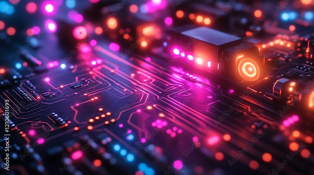 Poster illuminated circuit board with glowing components