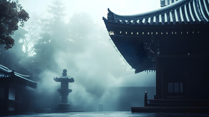 Fototapeta premium Ethereal Fog Surrounding Traditional Japanese Temple Architecture : Generative AI