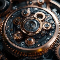 Intricate Gears in Motion: A close-up view of intricate gears, cogs, and mechanisms within a complex mechanical system.