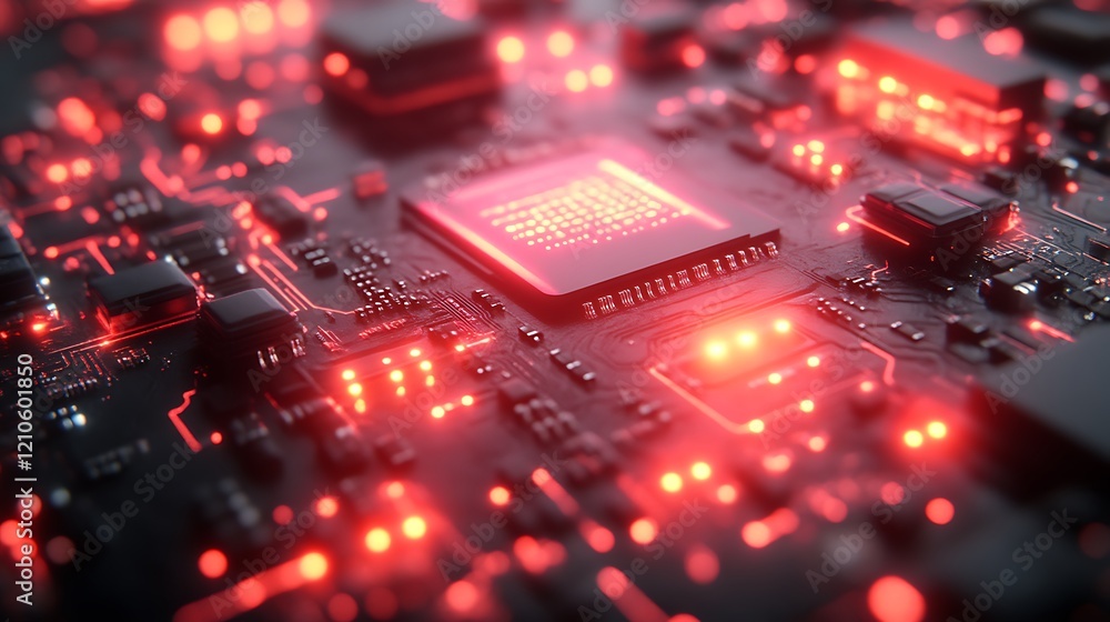 Poster illuminated circuit board shows complex computer technology