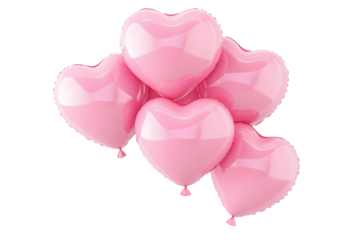 A cluster of shiny pink heart-shaped balloons floating against white transparent background, symbolizing love and celebration of Valentine Day
