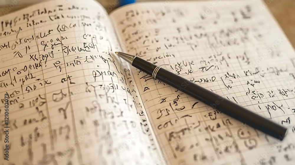 Poster closeup shot of an open notebook filled with handwritten notes and calculations, a sleek pen resting