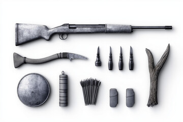 Good weapons for games. Hunting gear collection on white background
