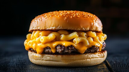 A delicious mac and cheese burger with a hearty beef patty is presented on a rustic black wooden surface. The sesame seed bun complements the rich, creamy cheese and pasta.