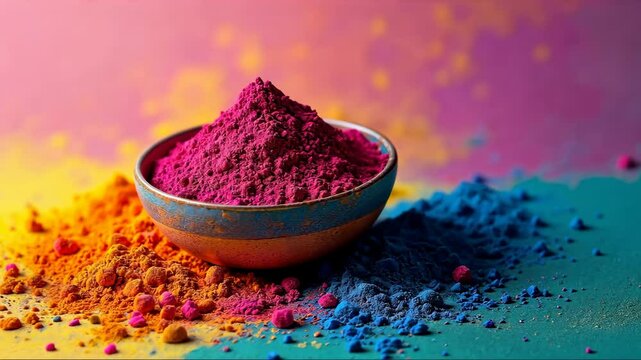 Bowl of colorful powder is on a table. The powder is pink, blue, and green