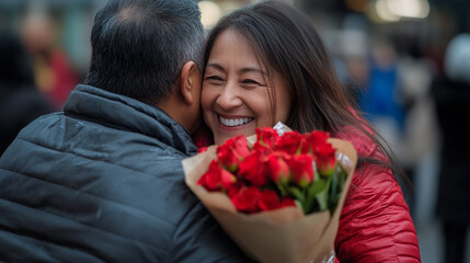 Happy couple on the street with flowers.