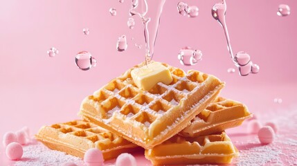 Delicious golden waffles with butter and powdered sugar,  pink background, water droplets.