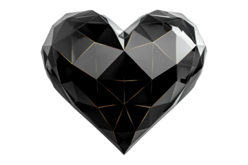 Geometric black heart with gold accents, angular patterns and smooth finish isolated on white transparent background. Concept of modern design and love