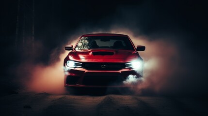 Obraz premium Red sports car speeds through misty forest at night creating a dramatic scene. Generative AI