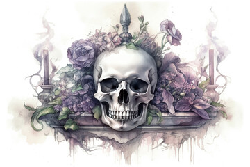 skull and purple flowers., watercolor style, Generative AI