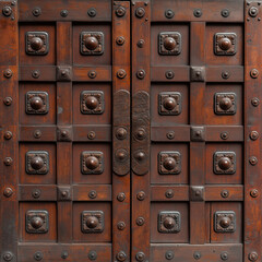 Antique wooden door with decorative metal knobs and hinges