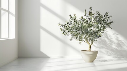 Beautiful young potted olive tree near white wall indoors