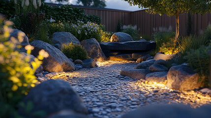 Residential backyard rockery garden with LED lighting and landscaping.illustration